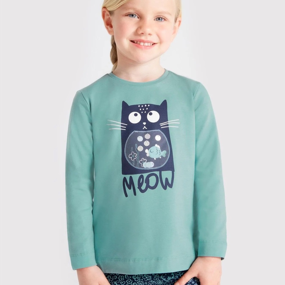 Size 8 Girls Mayoral Aqua Cat Print Long Sleeve Tee